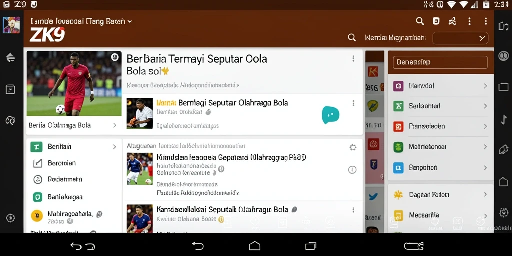 Antarmuka ZK9 menampilkan berita olahraga bola terkini.